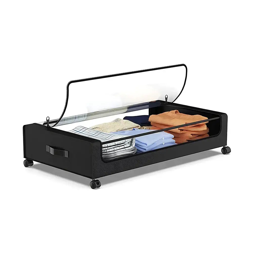Rolling under-bed storage bins with zippered lid, clear window, and wheels for easy access to clothing and linens.