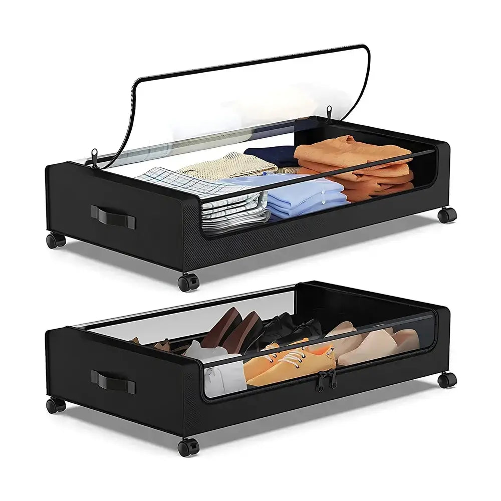 Rolling under-bed storage bins with zippered lid, clear PVC window, and wheels for easy access to organized items.