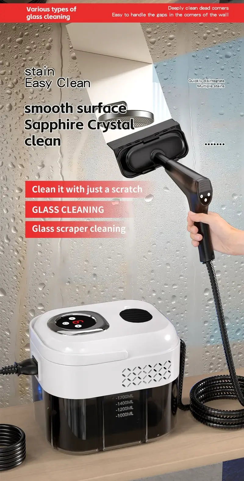 1500W Handheld Steam Cleaner, 110V/220V for effortless and effective glass cleaning.