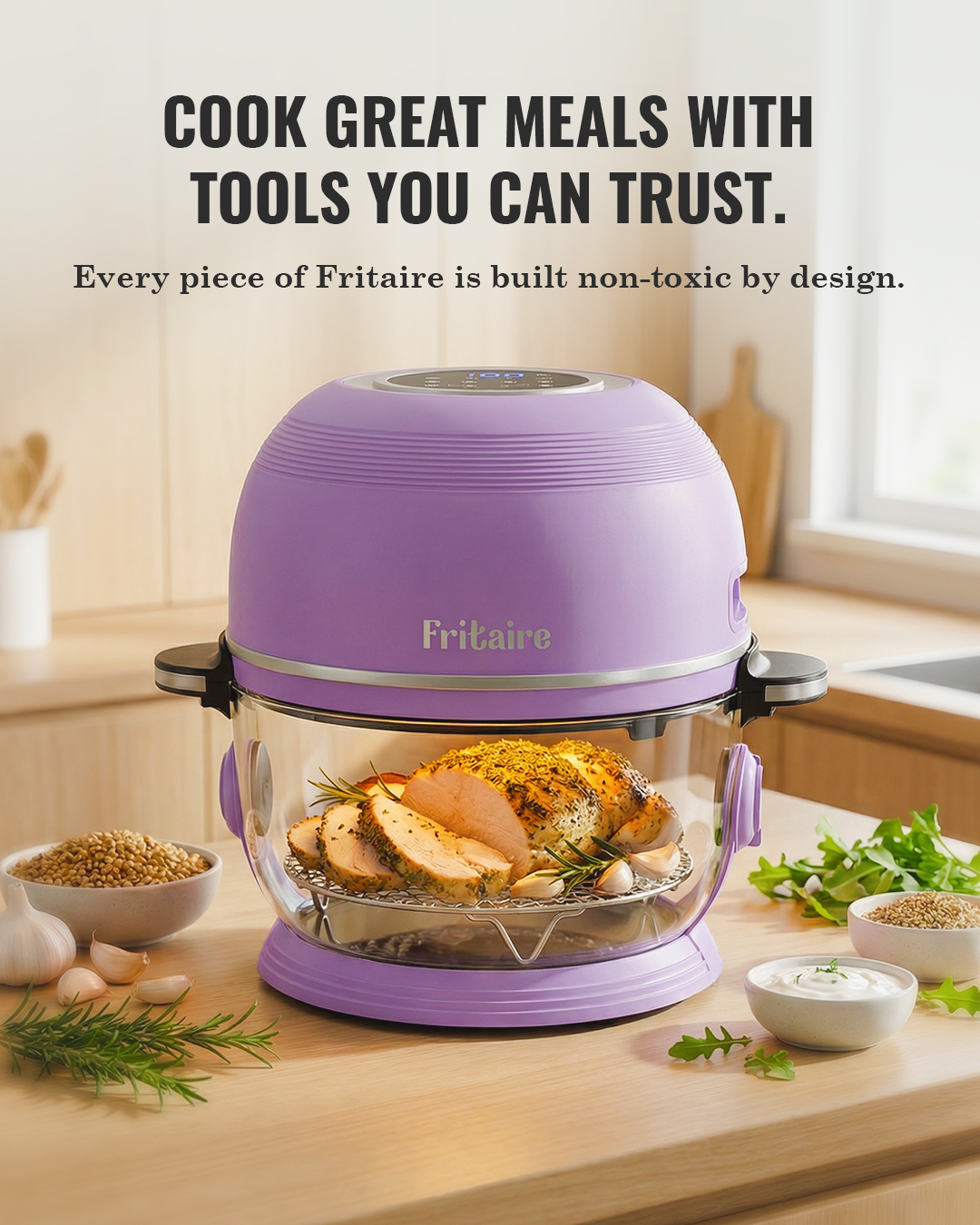 Self-cleaning air fryer in mauve rose, close-up of the finish.