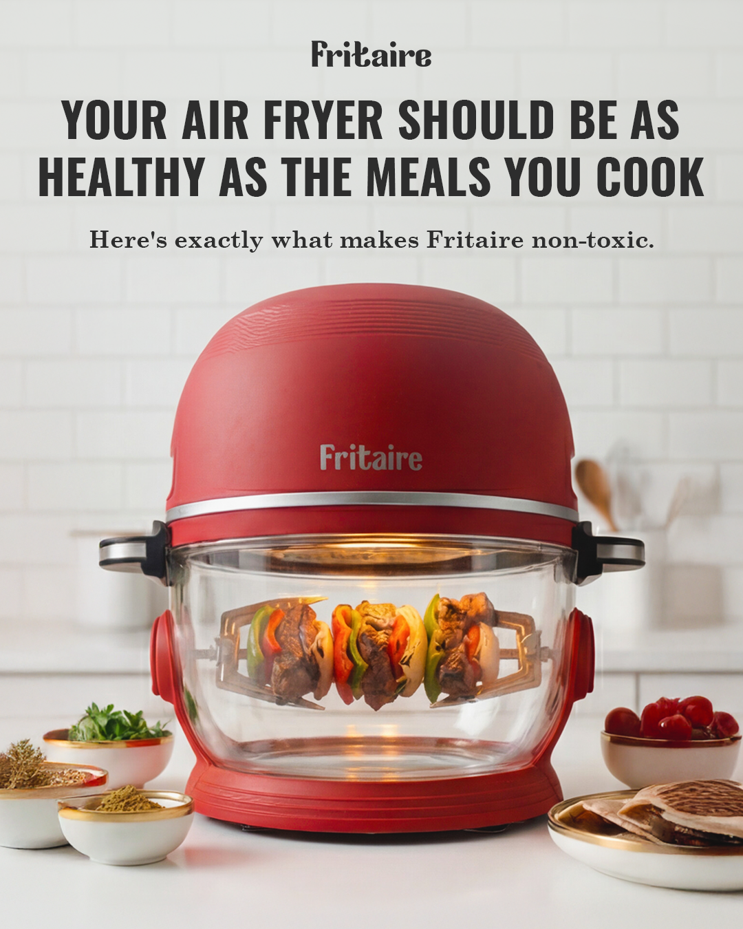 Self-cleaning non-toxic air fryer in mauve rose, shown in a kitchen setting.