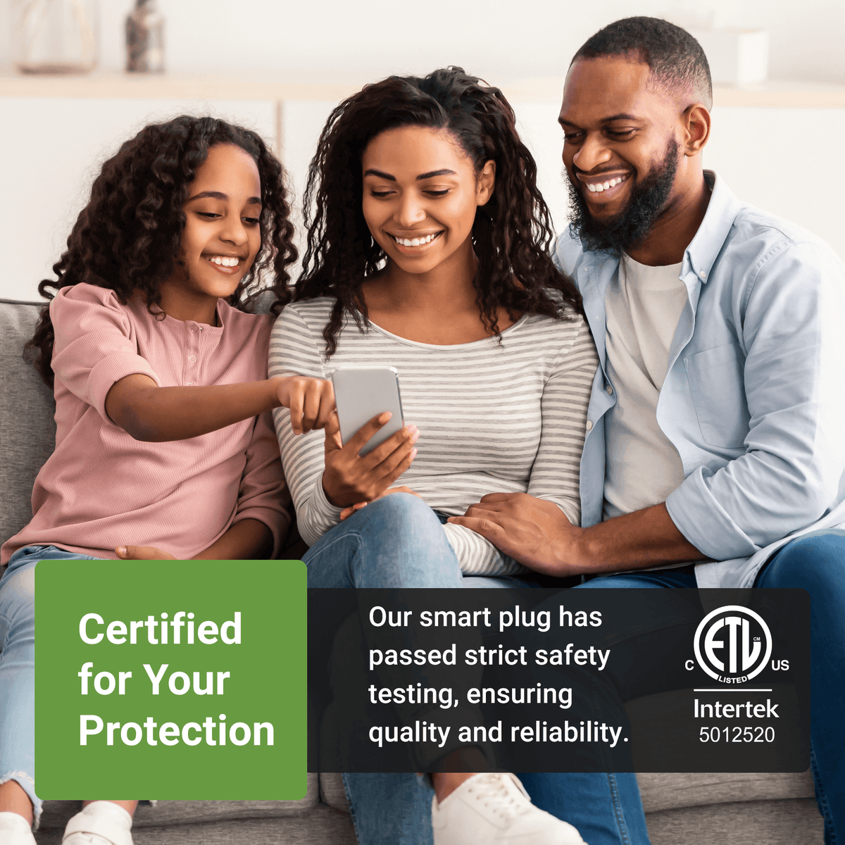 Family enjoying the Emporia smart plug with energy monitoring, emphasizing safety certification and reliability.