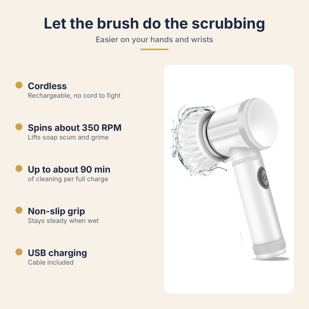 Cordless electric spin scrubber features: cordless, spins about 350 RPM, up to about 90 minutes per charge, non-slip grip, USB charging