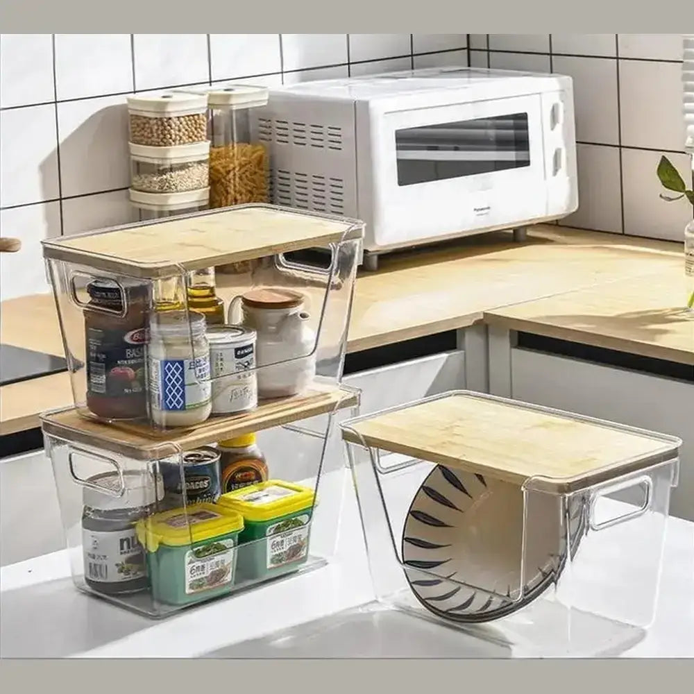 Stackable Pantry Organizer Bins Clear PET Bamboo Lid – image 12