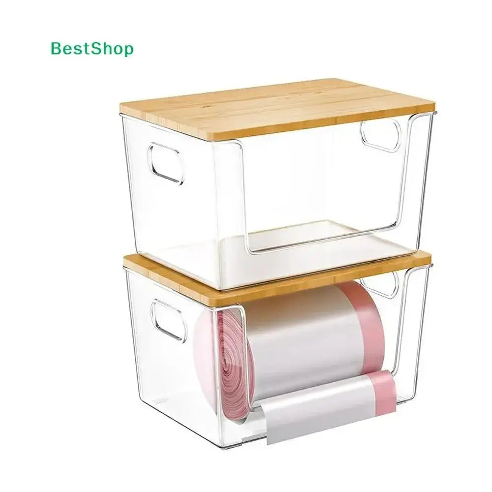 Clear pantry organizer bins with bamboo lid stacked for easy storage and accessibility.