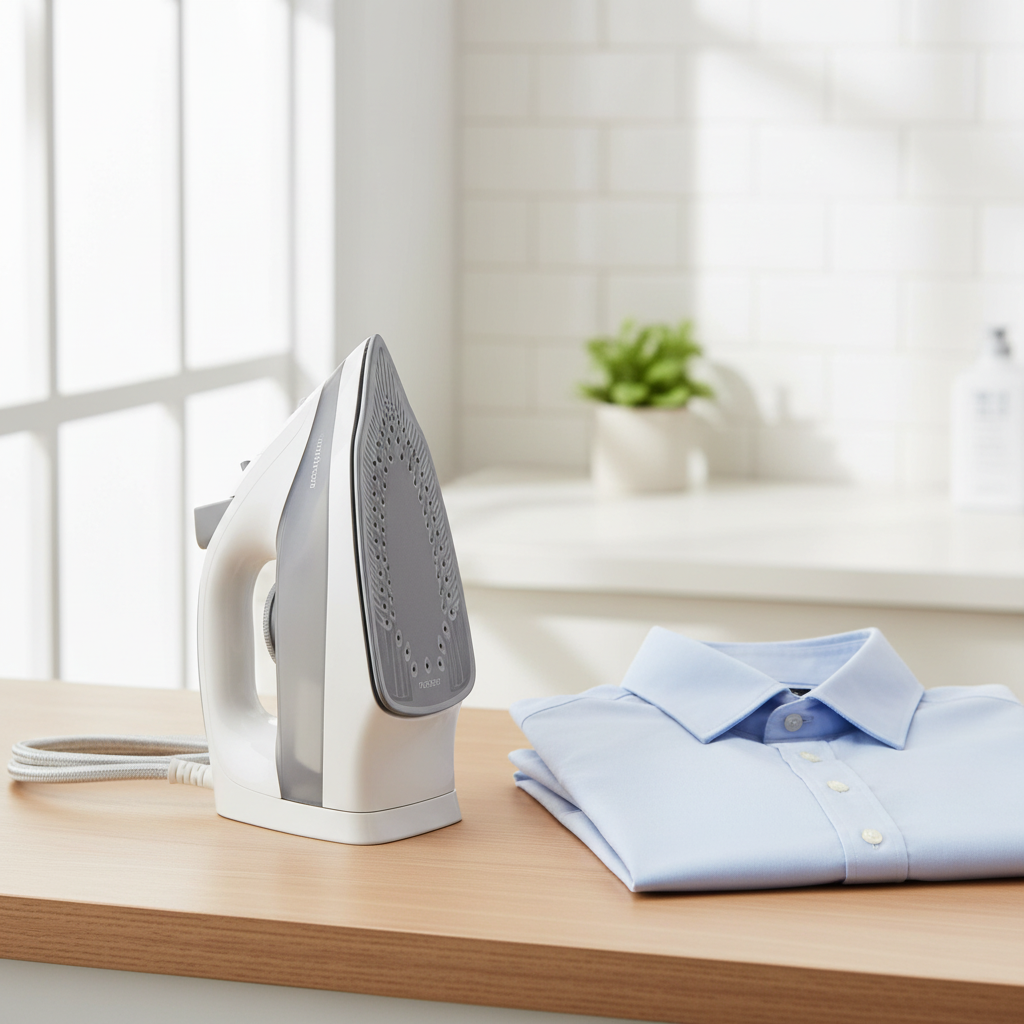 Brentwood steam iron in use pressing clothes in a laundry room.