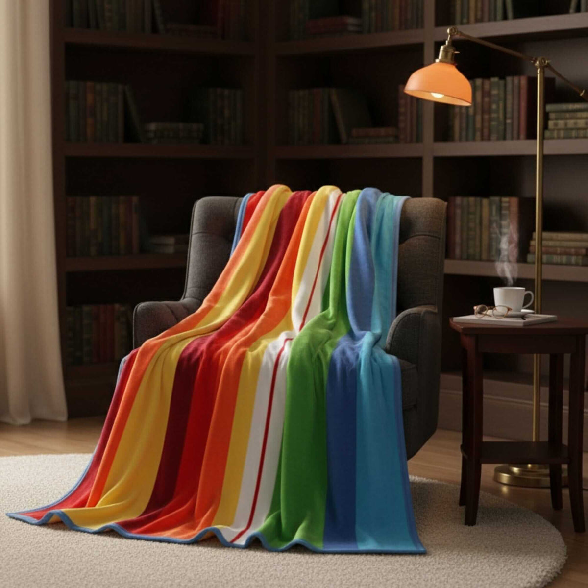 Colorful striped rainbow reversible plush fleece throw blanket.