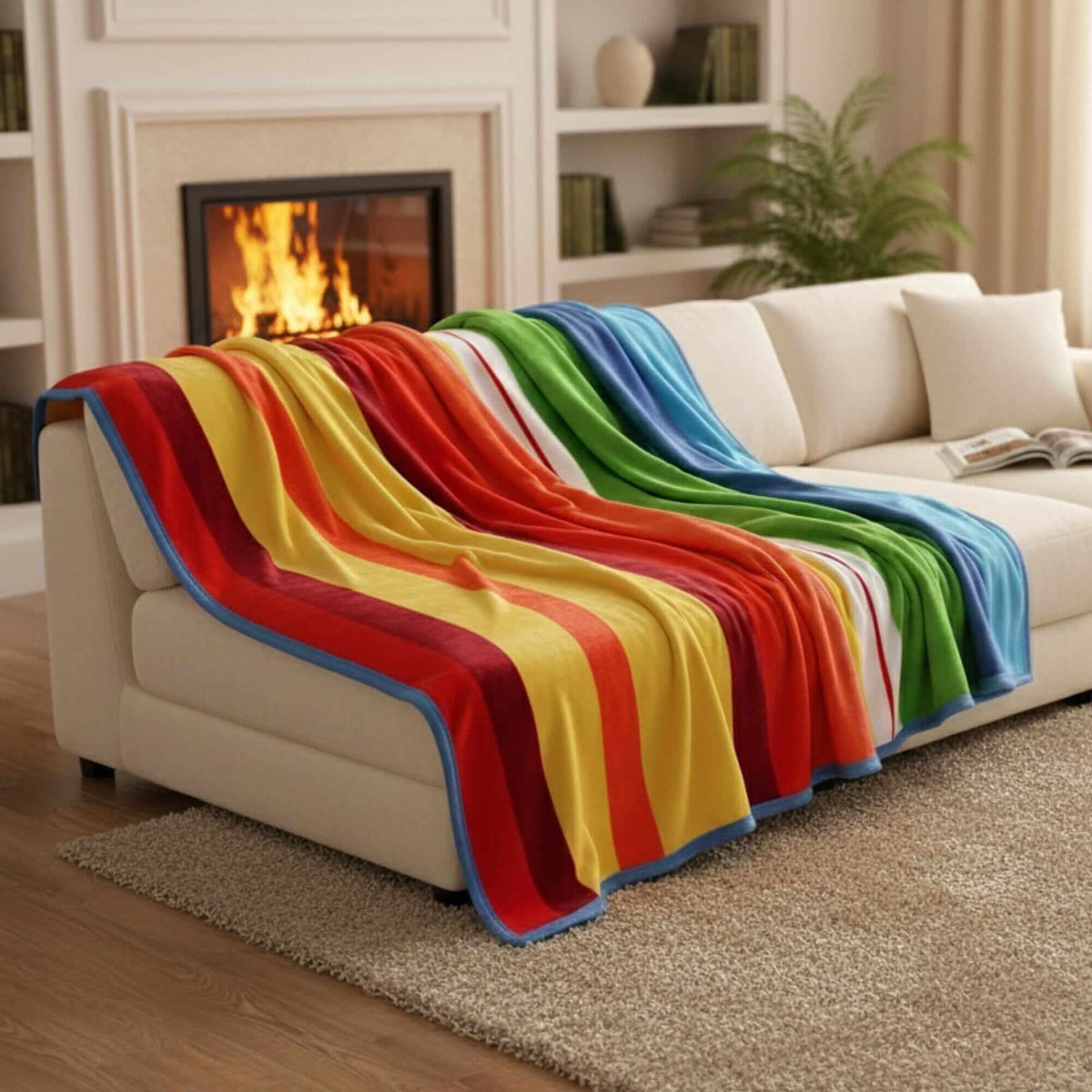 Colorful striped rainbow reversible plush fleece throw blanket.