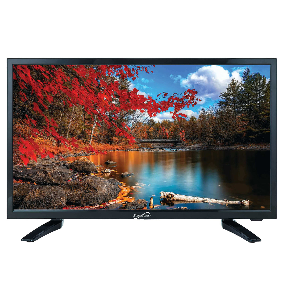 Supersonic SC-2411 24-inch AC DC LED TV for RV displaying a vibrant landscape scene.