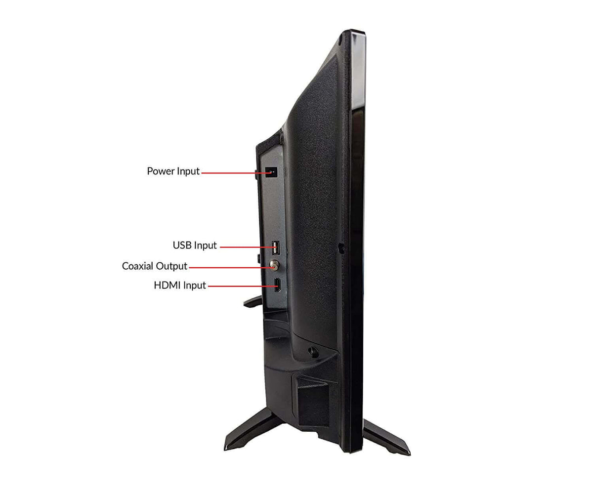 Side view of the Supersonic SC-2411 showing power, USB, coaxial, and HDMI inputs for 24-inch AC DC LED TV for RV.