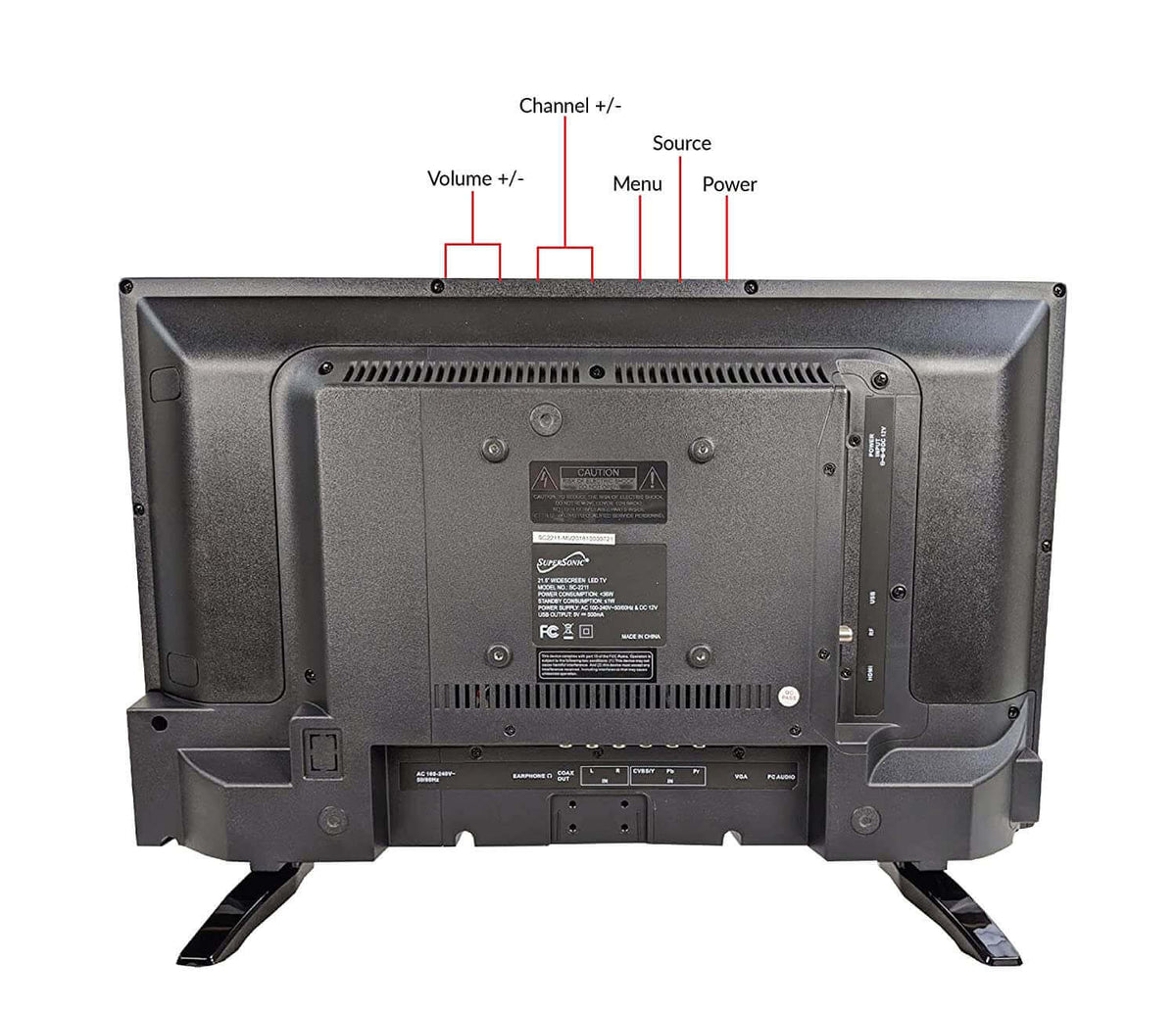 Back view of the Supersonic SC-2411 24-inch AC DC LED TV for RV, showing control buttons and ports.