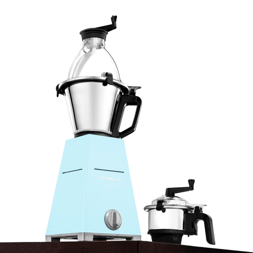 High-torque blender with two jars, one for smoothies and one for dry grinding, in ice blue.