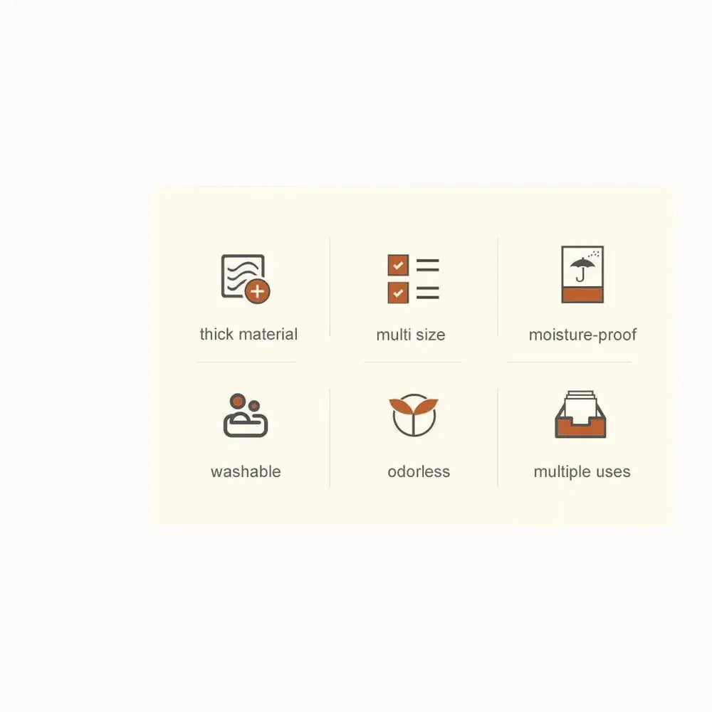 Features of foldable storage basket with metal frame, including thick material, multi-size options, moisture-proof, washable, odorless, and multiple uses.