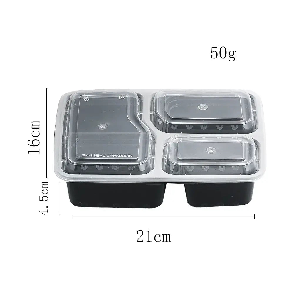 Three-Compartment Meal Prep Containers, 12-Pack displayed in dimensions and designed for meal prepping and portion control.