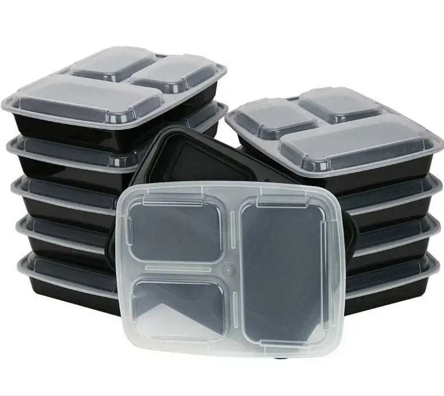 Three-Compartment Meal Prep Containers, 12-Pack stacked with clear lids for perfect meal organization.