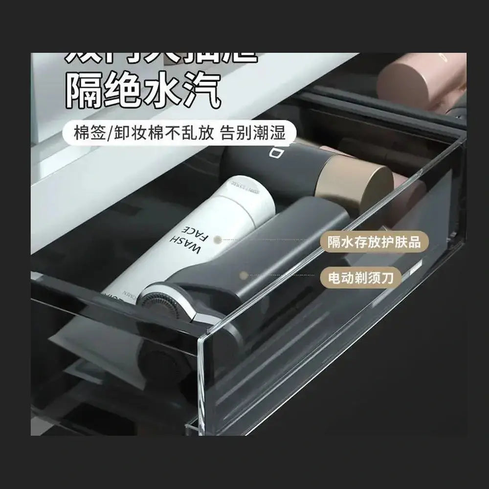 No-Drill Bathroom Organizer Shelf – Wall-Mounted Storage Rack with toiletries in a clear drawer, showcasing organization.