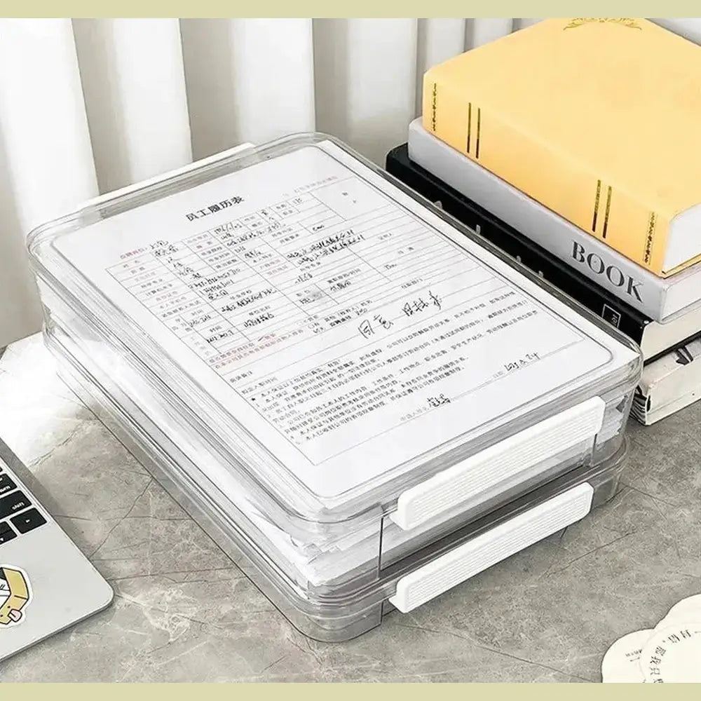 Close-up of the transparent document storage box's latching lid.