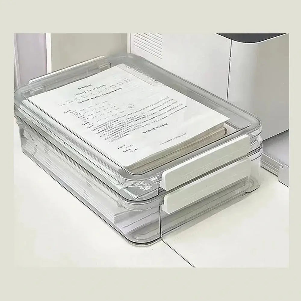 Transparent document storage box with lid removed, showing labeled file folders inside.