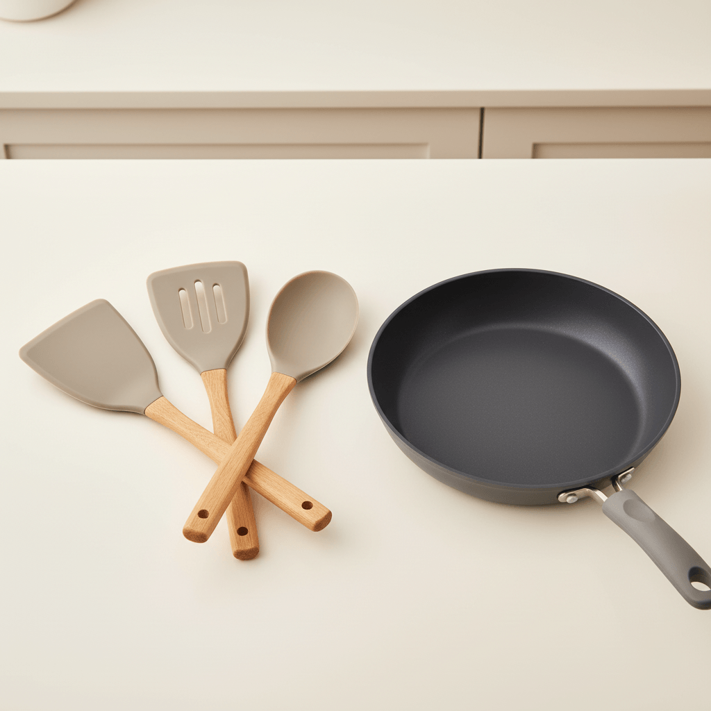 Acacia wood silicone turner set displayed with a nonstick pan perfect for cooking and serving.