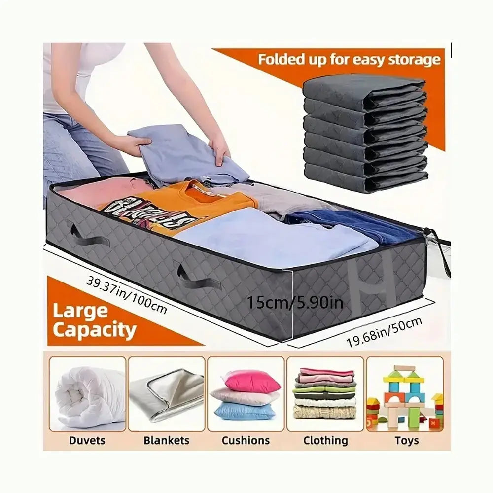 Under-bed storage bags for bedding, featuring large capacity for quilts, clothing, and easy storage solution.