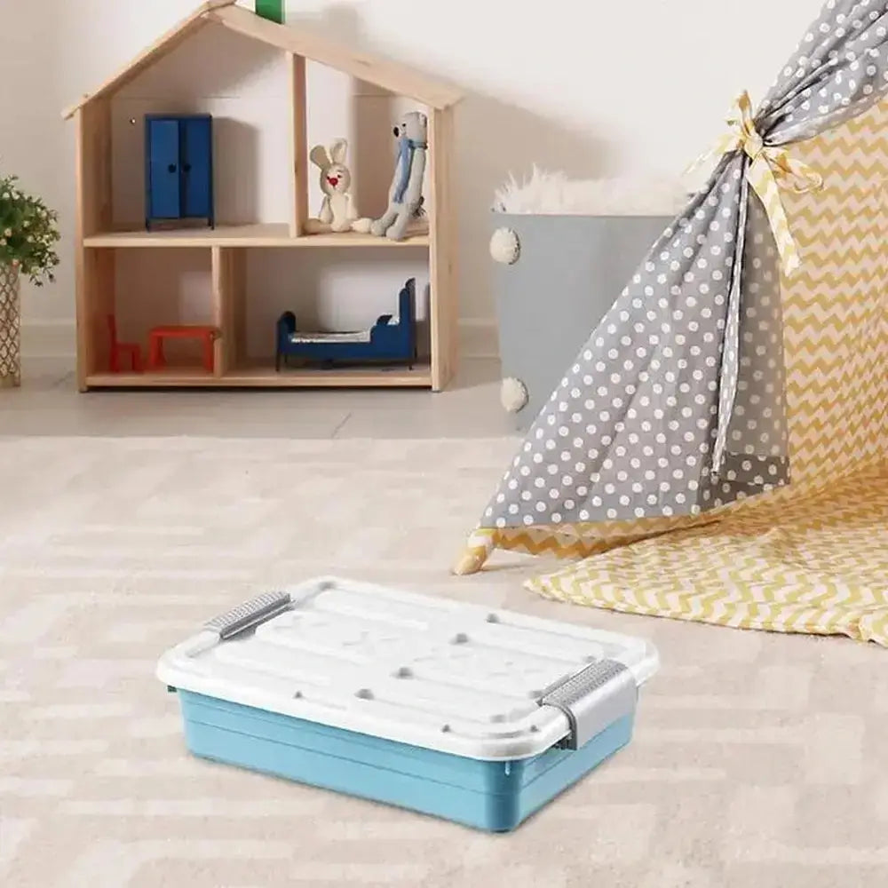 Under-bed storage containers with casters in a child's playroom with tent and shelving.