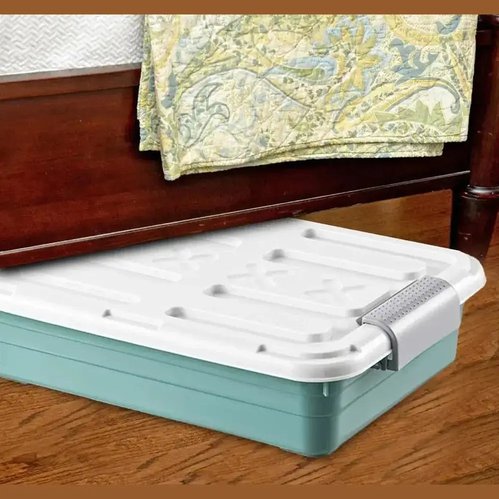 Close-up of the under-bed storage container's caster wheels for easy rolling.
