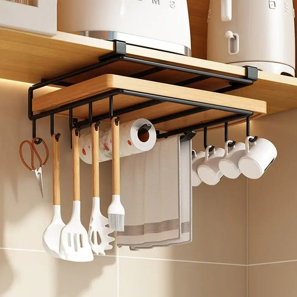 Underside view of the Under-Cabinet Kitchen Organizer Rack showing hook spacing