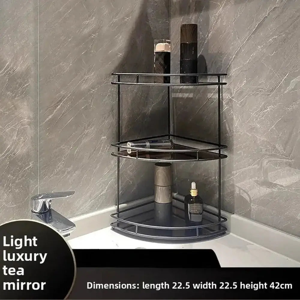 Black Wall-Mounted Bathroom Corner Shelf displaying toiletries in a modern bathroom setting. Perfect wall-mounted bathroom corner shelf.