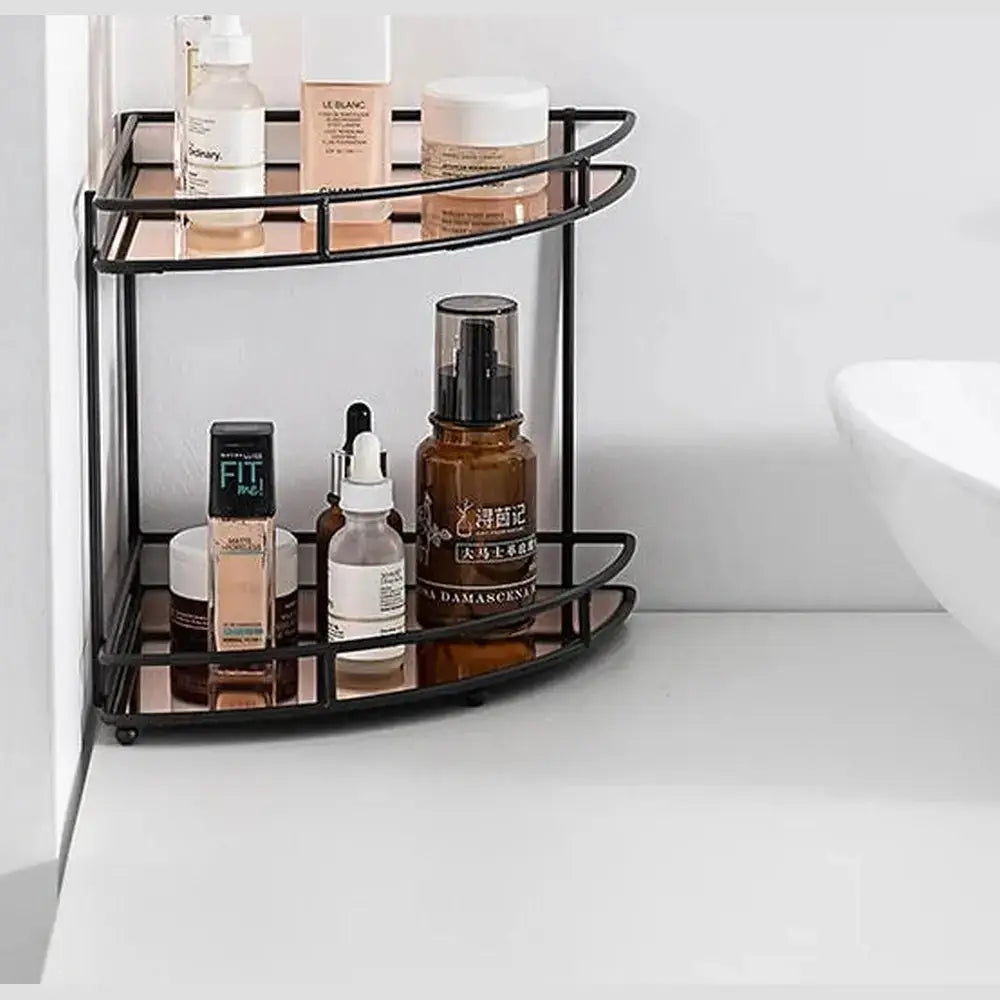 Black wall-mounted bathroom corner shelf with toiletries organized for space-saving storage.