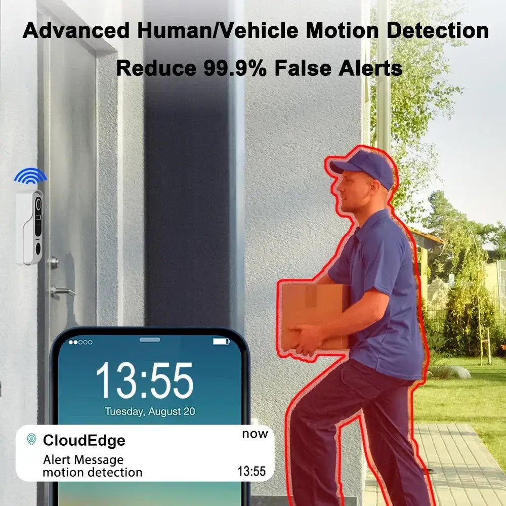 2K wireless video doorbell with chime, night vision, and Alexa compatibility.
