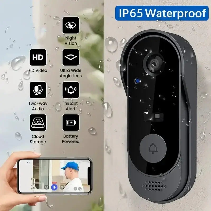 Wireless video doorbell with HD camera, night vision, and two-way audio intercom.