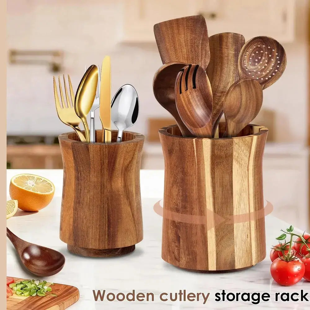 Rotating acacia wood utensil holder with kitchen tools for easy access and organization.