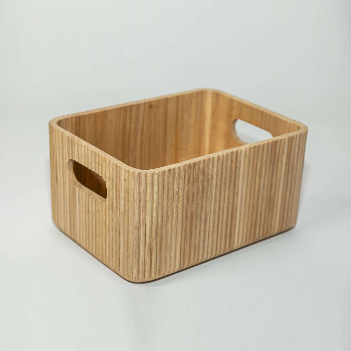 wooden ribbed storage bin small natural paulownia wood with handles
