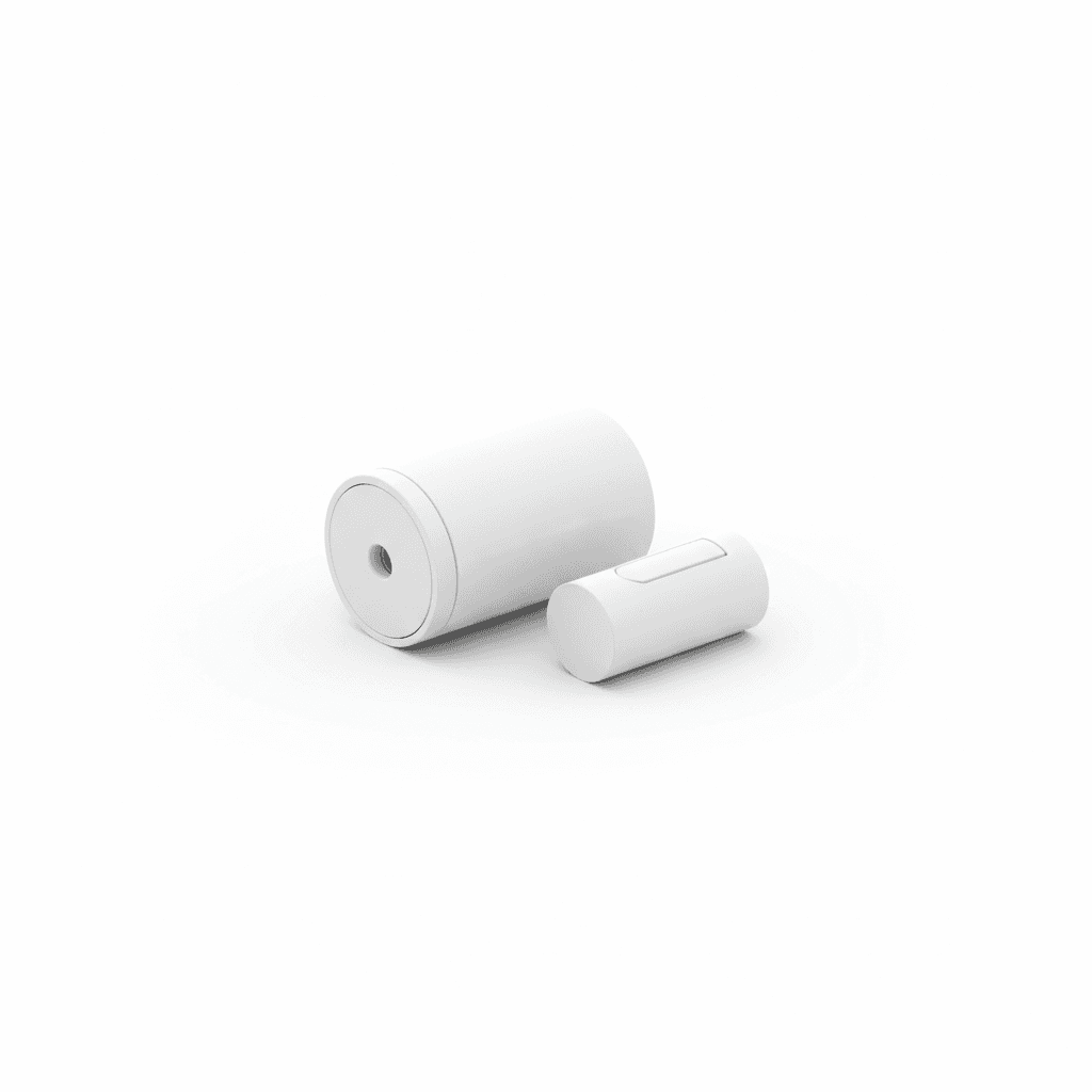 Aeotec Recessed Door Sensor 7 shown as a compact white recessed z-wave door sensor with its matching magnet.