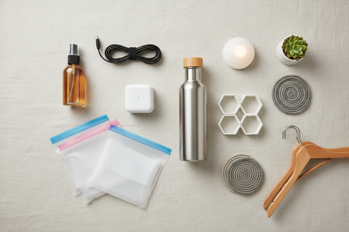 Flat lay of ten everyday products that make life easier, from smart home gadgets to storage solutions.