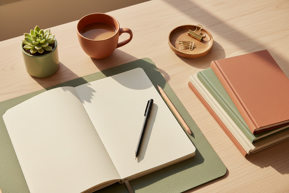 A cozy workspace setup for back to school home refresh featuring a notebook, pencil, and refreshments.