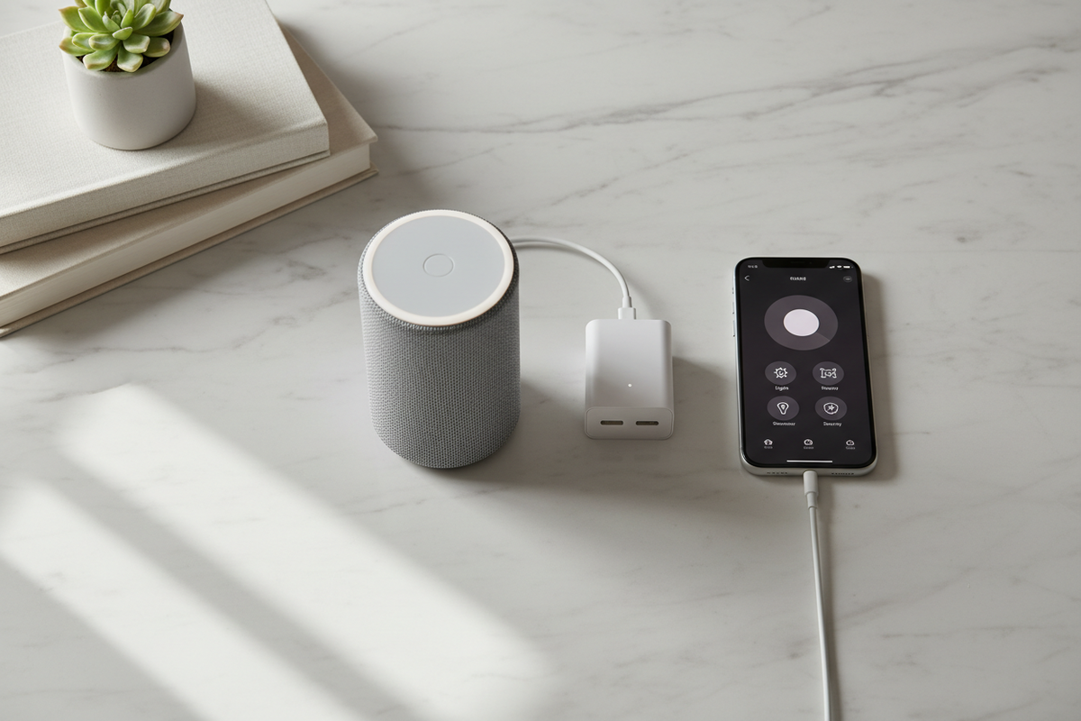 Smart home products for everyday living displayed with a smart speaker and smartphone on a marble table.