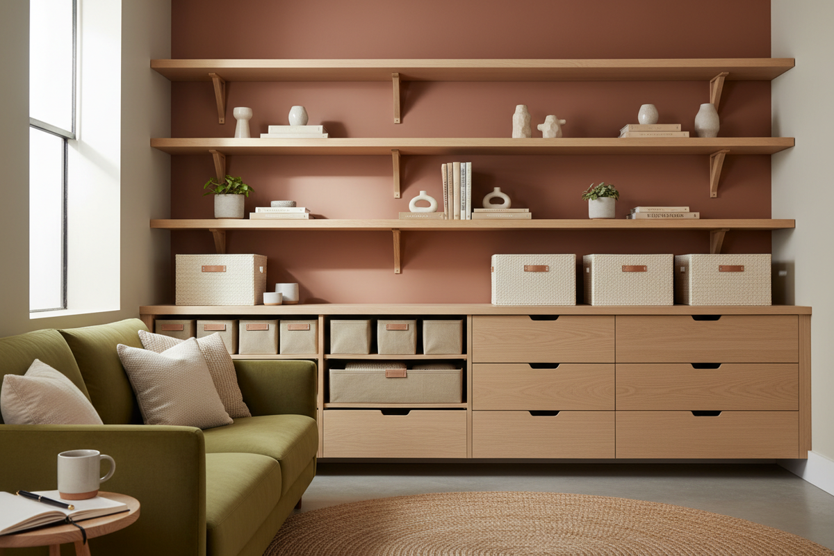 Small-space home organization ideas with neatly arranged storage bins and shelves.