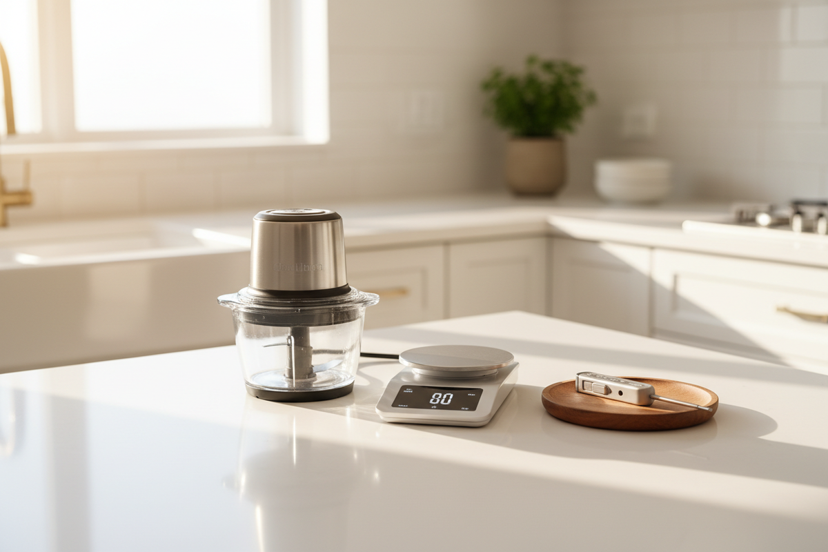 Collection of time-saving kitchen gadgets arranged on a countertop.