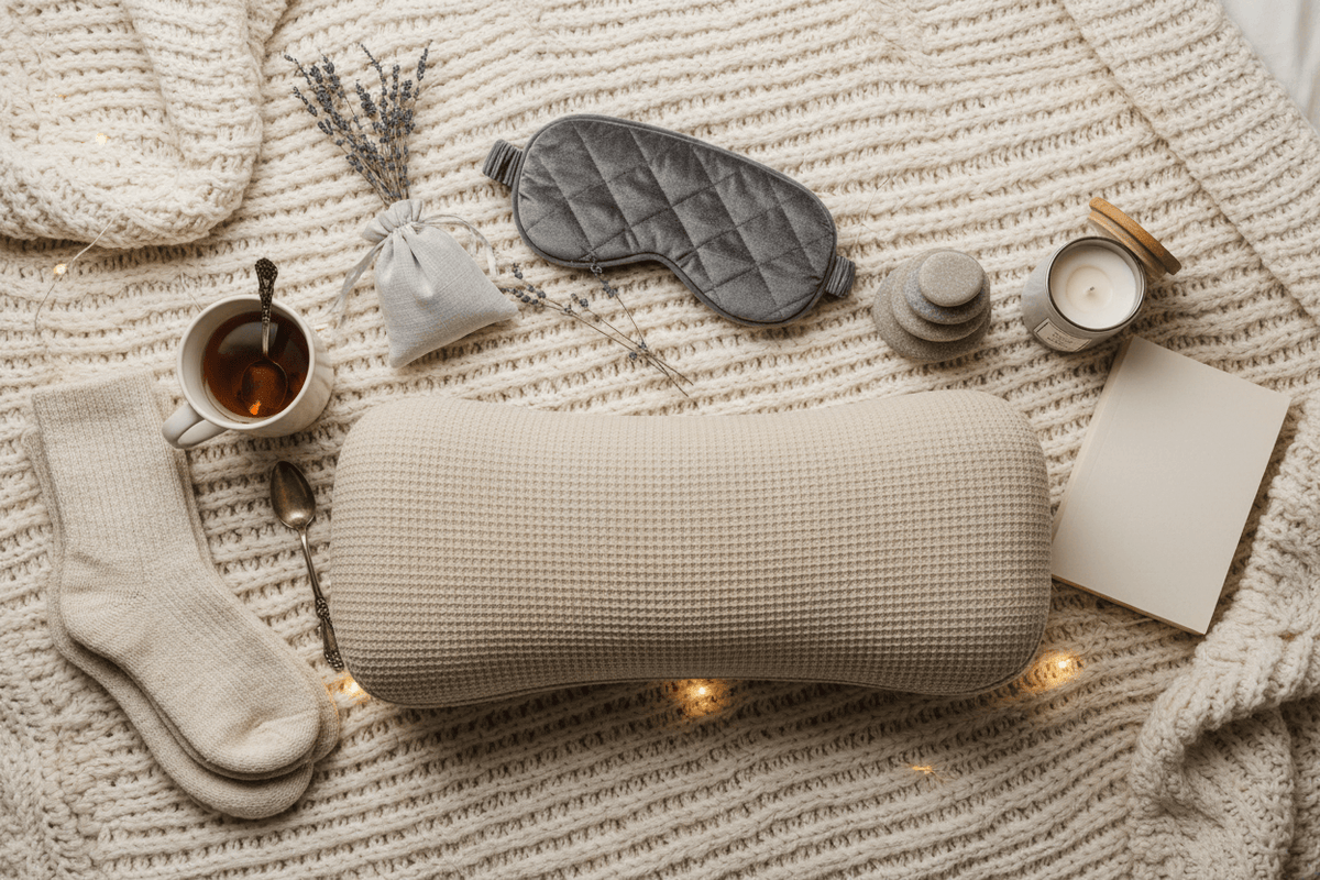 Premium comfort home essentials including a cozy pillow, tea, socks, and relaxation items arranged on a warm blanket.