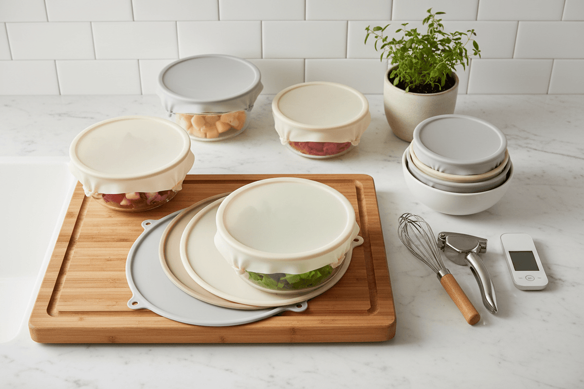 Smart kitchen gadgets for easy cooking with silicone lids and storage containers on a wooden cutting board.