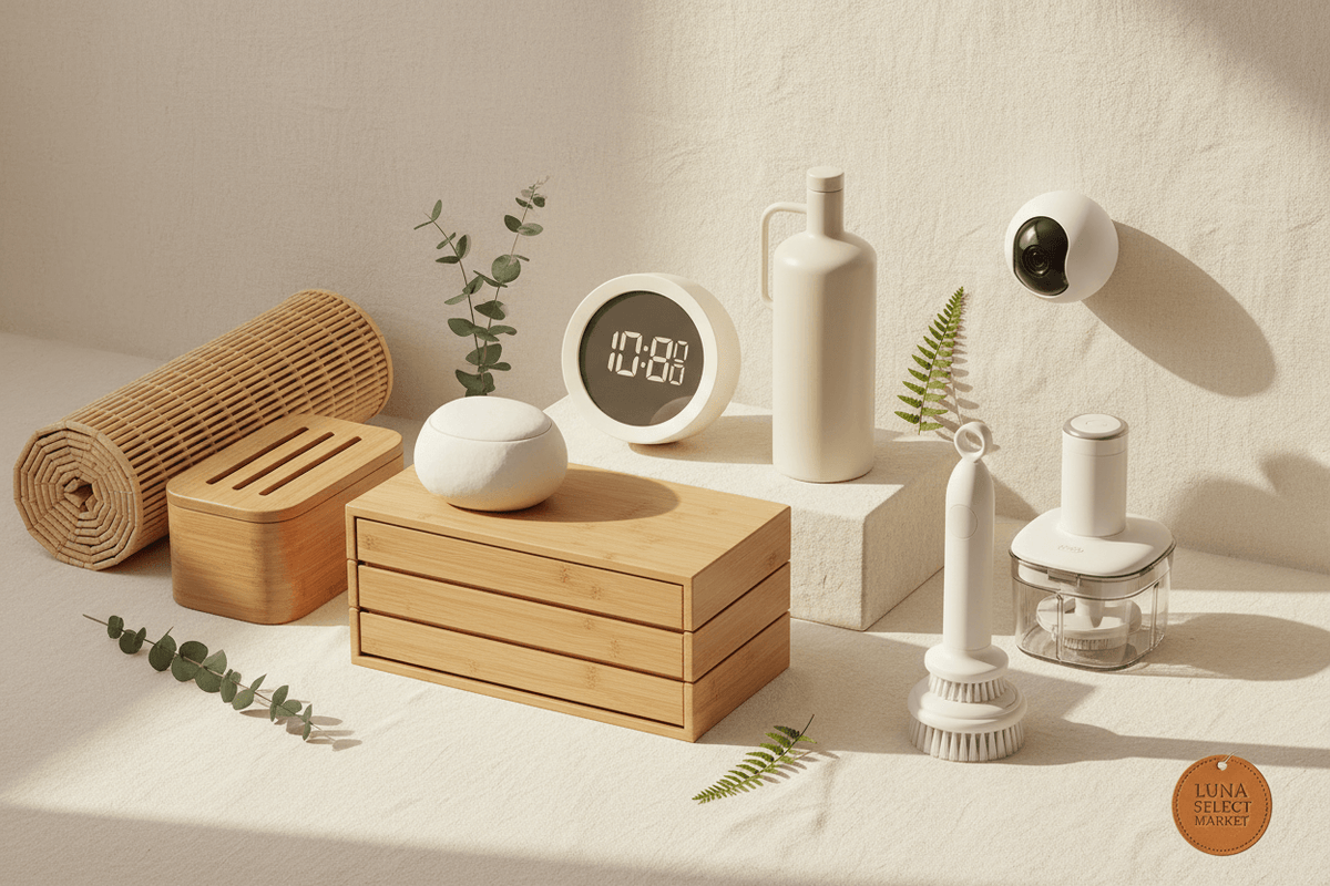 Smart home lifestyle products displayed with bamboo storage, a clock, and decor items for functional living.