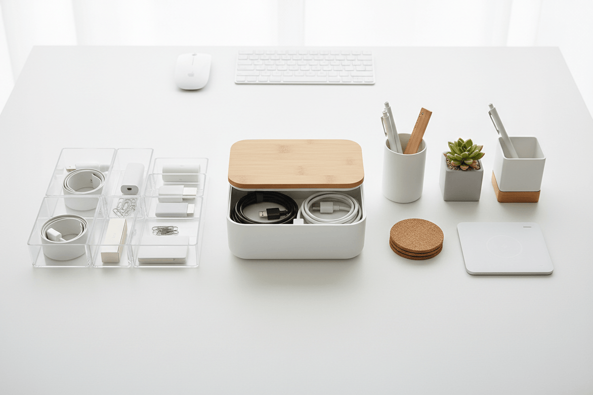 Home organization solutions for a tidy workspace featuring cable storage and office supplies.