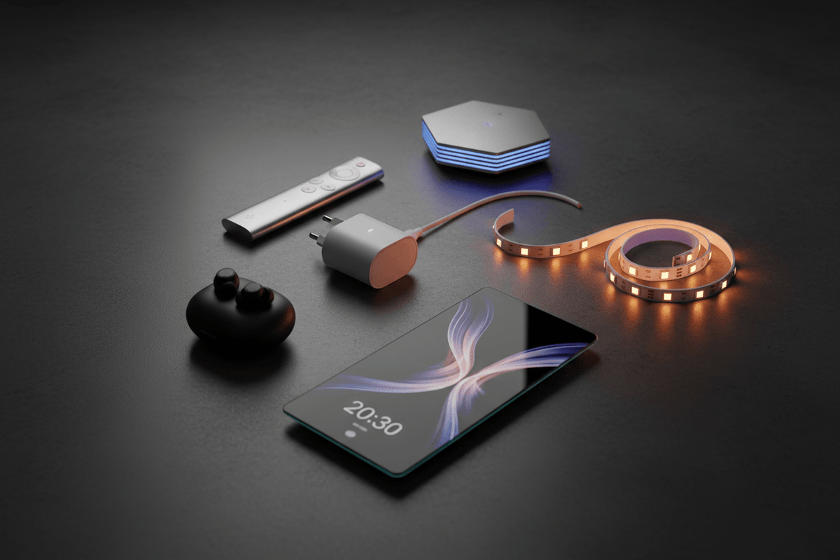 Smart home gadgets including lighting strips, a smartphone, and audio devices.