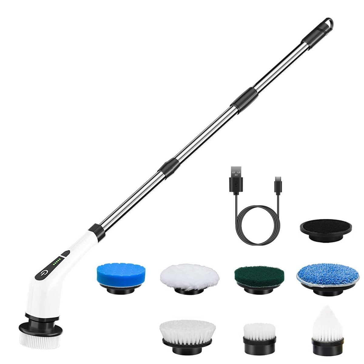 Electric spin scrubber with long handle featuring telescopic arm and 8 interchangeable brush heads for bathroom cleaning