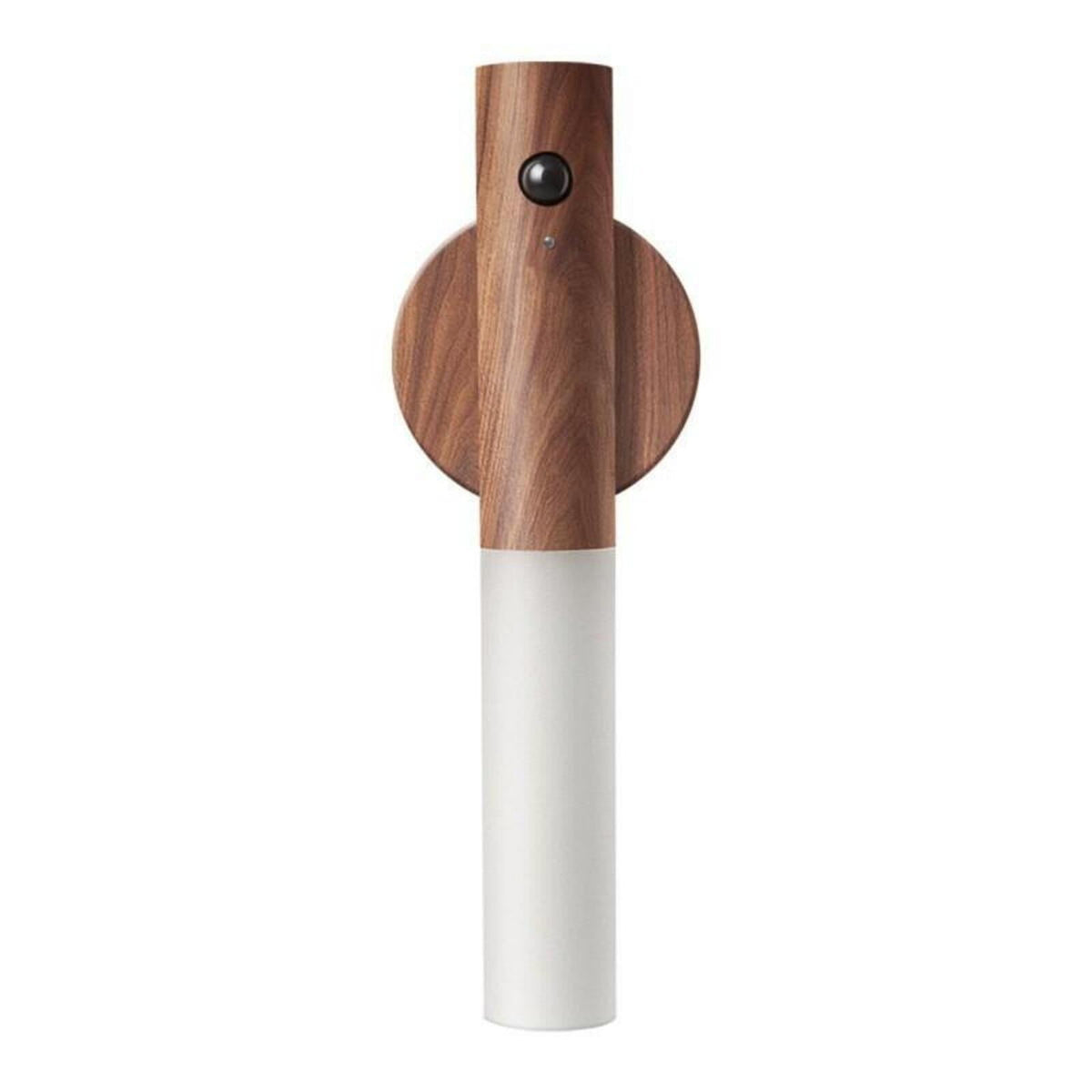 Dark rechargeable motion sensor night light with wood and white design for hallways and bedside