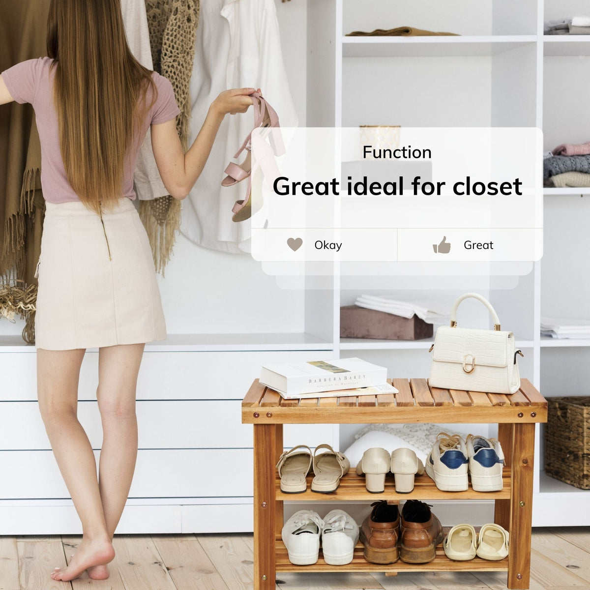 Acacia Wood Shoe Rack Bench – 2-Tier Entryway Storage
