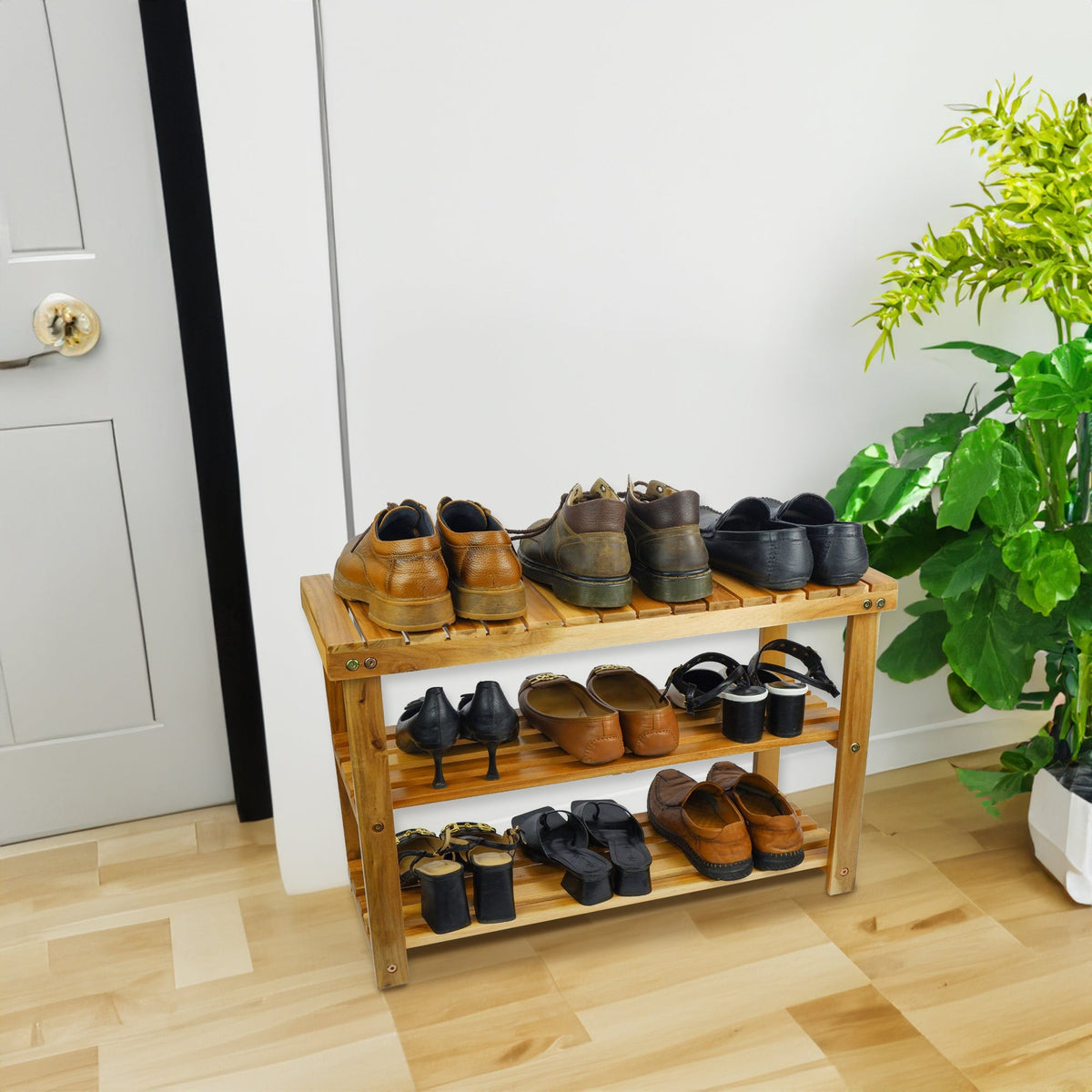 Acacia Wood Shoe Rack Bench – 2-Tier Entryway Storage