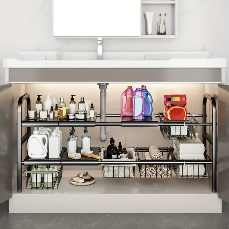 Expandable Under Sink & Cabinet Shelf Organizer – Multi-Use Storage Rack for Kitchen & Bathroom – Cabinet Organizer