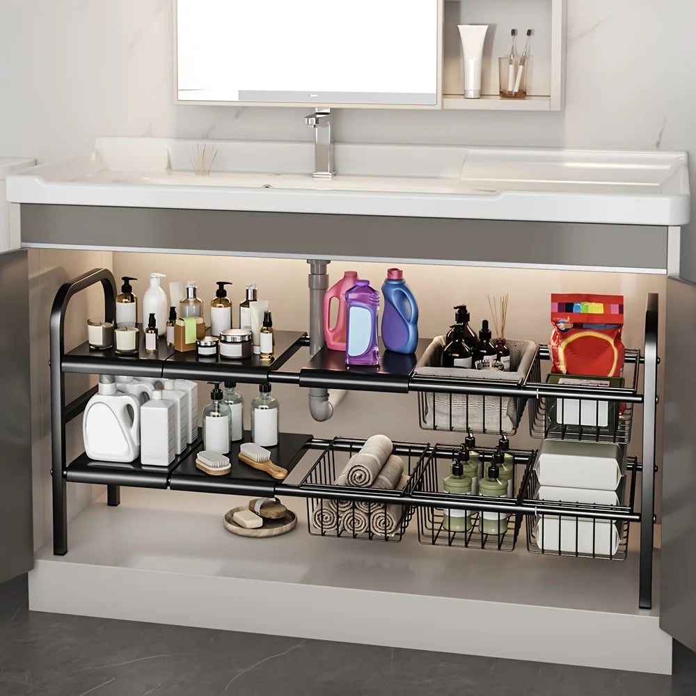 Expandable Under Sink & Cabinet Shelf Organizer – Multi-Use Storage Rack for Kitchen & Bathroom – Cabinet Organizer